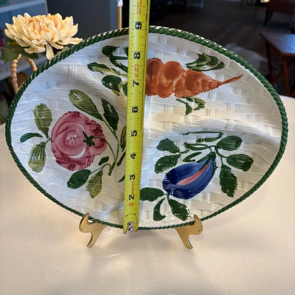 Hand-Painted Italy Floral Ceramic Divided Basket Weave Pattern Platter